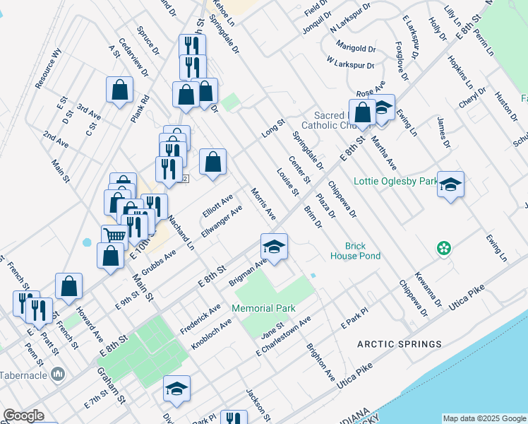 map of restaurants, bars, coffee shops, grocery stores, and more near 819 Morris Avenue in Jeffersonville