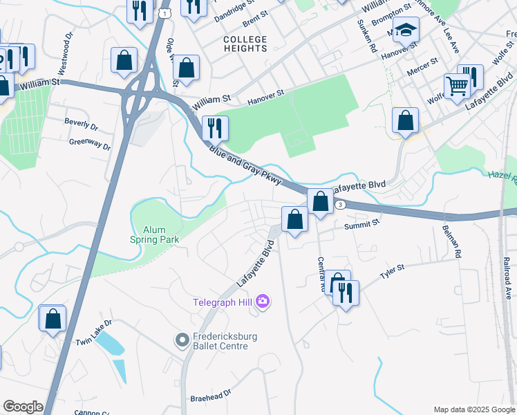 map of restaurants, bars, coffee shops, grocery stores, and more near 1318 Depot Lane in Fredericksburg