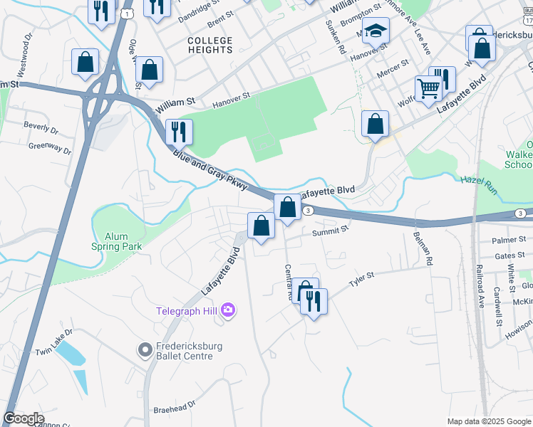 map of restaurants, bars, coffee shops, grocery stores, and more near 1300 Alum Spring Road in Fredericksburg
