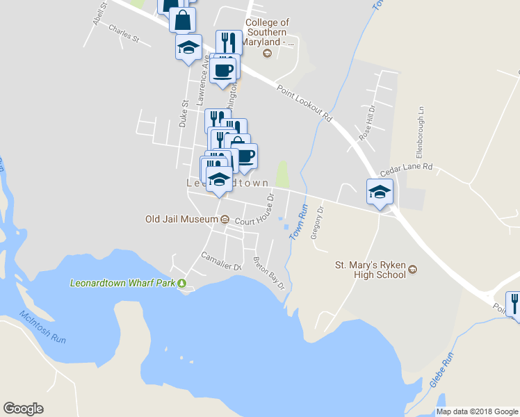 map of restaurants, bars, coffee shops, grocery stores, and more near 41701 Park Avenue in Leonardtown