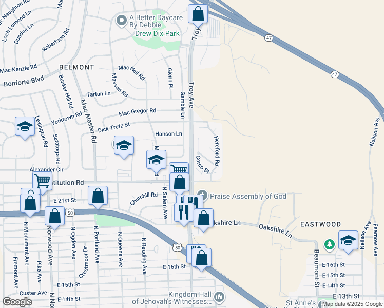 map of restaurants, bars, coffee shops, grocery stores, and more near Troy Avenue in Pueblo