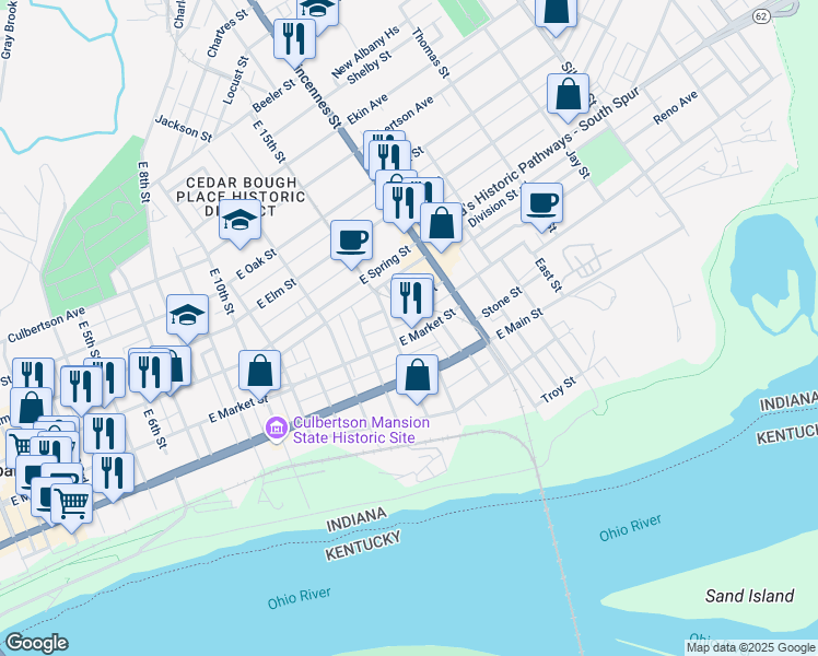map of restaurants, bars, coffee shops, grocery stores, and more near 1606 King Street in New Albany
