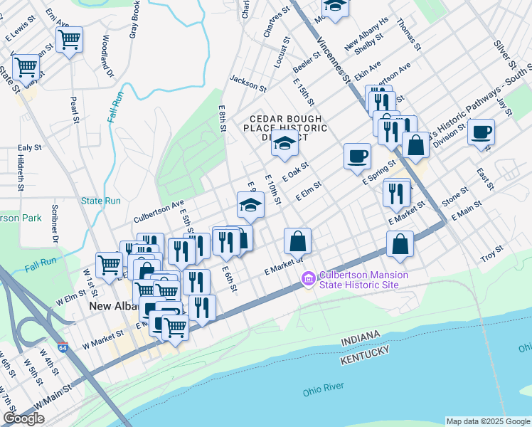 map of restaurants, bars, coffee shops, grocery stores, and more near 515 East 10th Street in New Albany