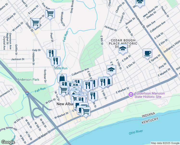 map of restaurants, bars, coffee shops, grocery stores, and more near in New Albany