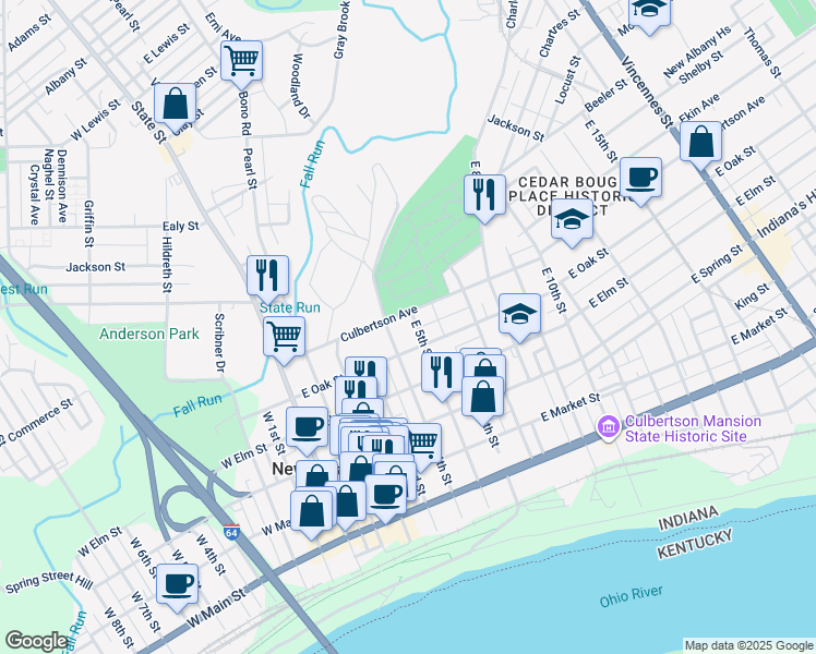 map of restaurants, bars, coffee shops, grocery stores, and more near 401-611 Culbertson Ave in New Albany