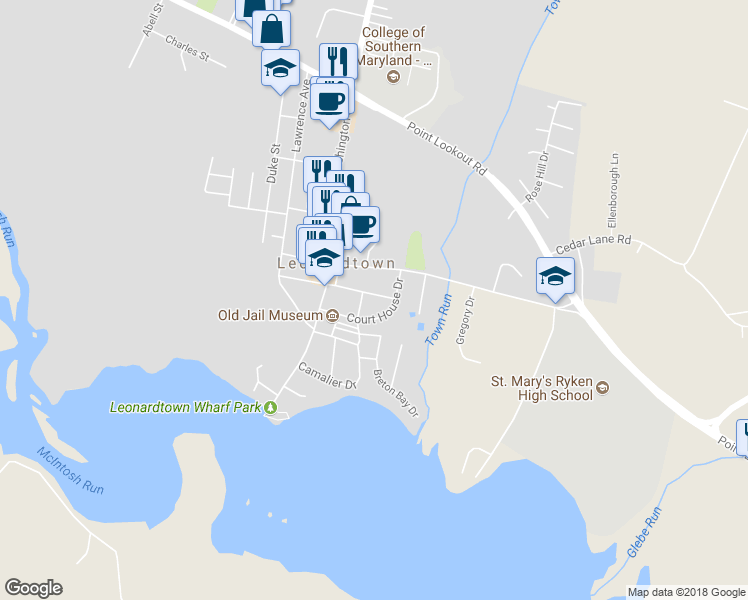 map of restaurants, bars, coffee shops, grocery stores, and more near 41691 Park Avenue in Leonardtown