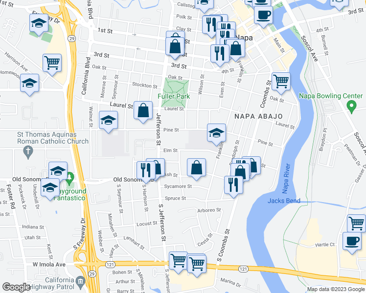 map of restaurants, bars, coffee shops, grocery stores, and more near 1720 Elm Street in Napa