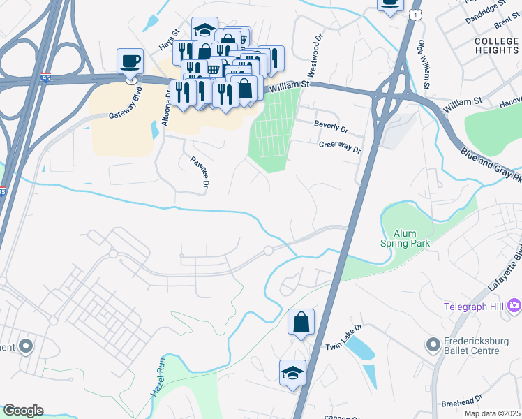 map of restaurants, bars, coffee shops, grocery stores, and more near 112 Hunt Lane in Fredericksburg