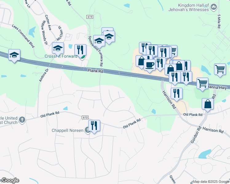 map of restaurants, bars, coffee shops, grocery stores, and more near 12004 Buckminster Court in Fredericksburg