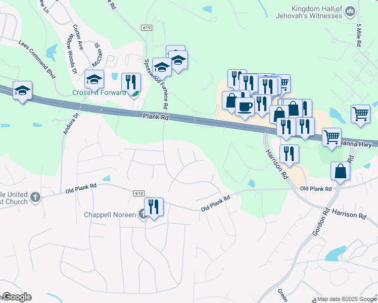 map of restaurants, bars, coffee shops, grocery stores, and more near 12004 Buckminster Court in Fredericksburg