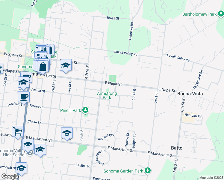 map of restaurants, bars, coffee shops, grocery stores, and more near 535 Armstrong Drive in Sonoma