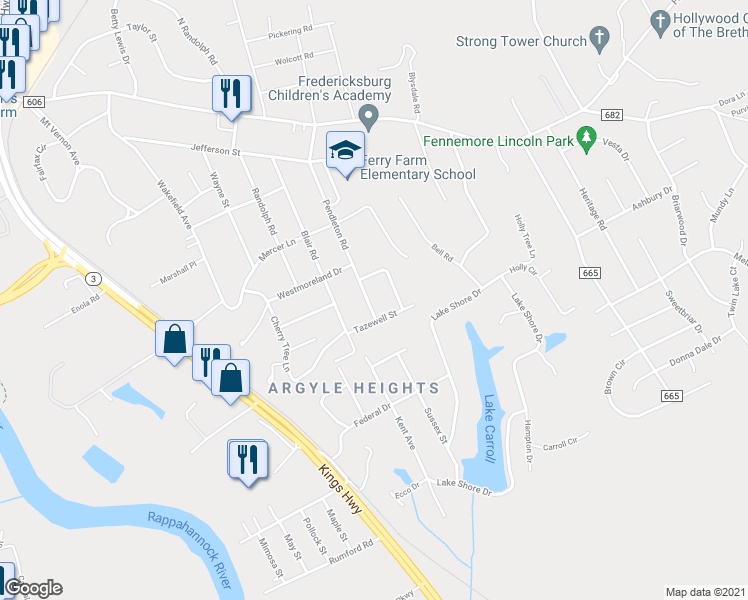 map of restaurants, bars, coffee shops, grocery stores, and more near 50 Pendleton Road in Fredericksburg