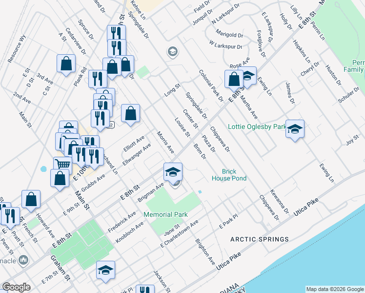 map of restaurants, bars, coffee shops, grocery stores, and more near 808 Sharon Drive in Jeffersonville