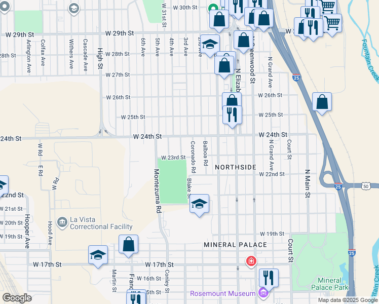 map of restaurants, bars, coffee shops, grocery stores, and more near 2307 Coronado Road in Pueblo