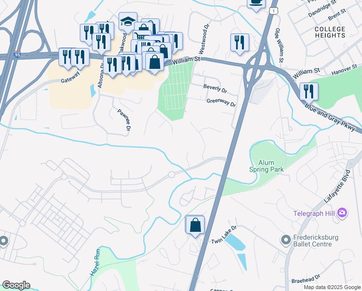 map of restaurants, bars, coffee shops, grocery stores, and more near 1008 Landram's Retreat in Fredericksburg