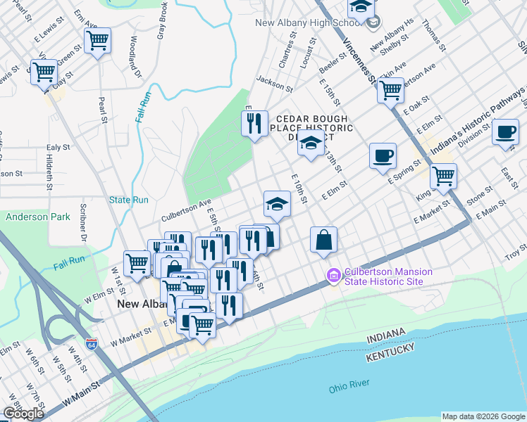 map of restaurants, bars, coffee shops, grocery stores, and more near 530 East 8th Street in New Albany