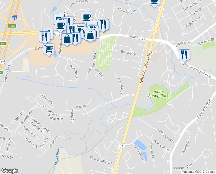 map of restaurants, bars, coffee shops, grocery stores, and more near 1008 Landram's Retreat in Fredericksburg