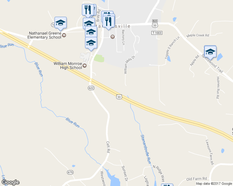 map of restaurants, bars, coffee shops, grocery stores, and more near Standardsville Bypass in Stanardsville