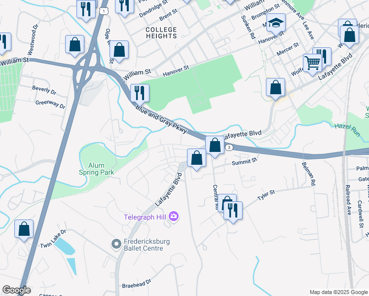 map of restaurants, bars, coffee shops, grocery stores, and more near 1020 Alum Spring Road in Fredericksburg