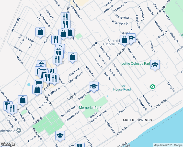 map of restaurants, bars, coffee shops, grocery stores, and more near 819 Morris Avenue in Jeffersonville