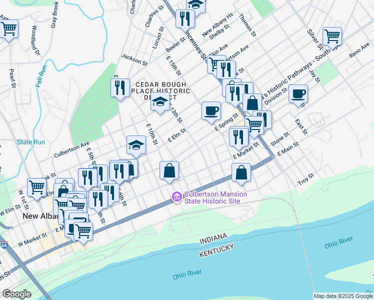 map of restaurants, bars, coffee shops, grocery stores, and more near 1203 E Spring St in New Albany