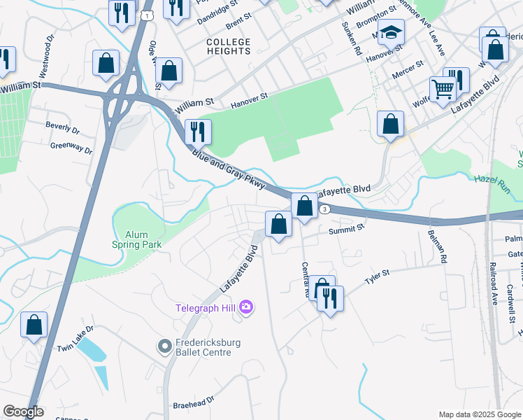 map of restaurants, bars, coffee shops, grocery stores, and more near 1020 Alum Spring Road in Fredericksburg