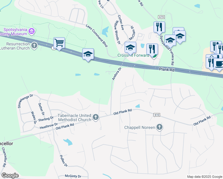 map of restaurants, bars, coffee shops, grocery stores, and more near 12507 Andora Drive in Fredericksburg