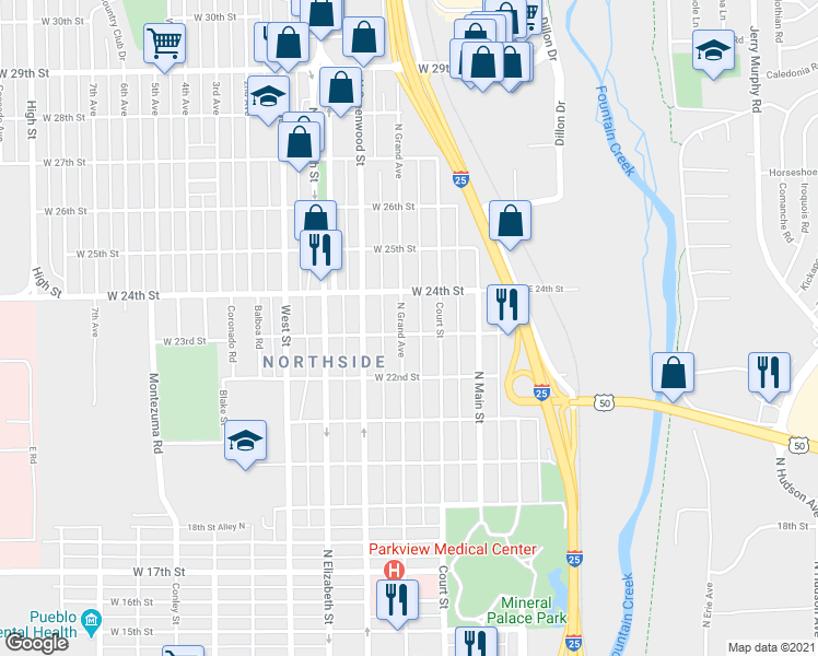map of restaurants, bars, coffee shops, grocery stores, and more near 2314 North Grand Avenue in Pueblo