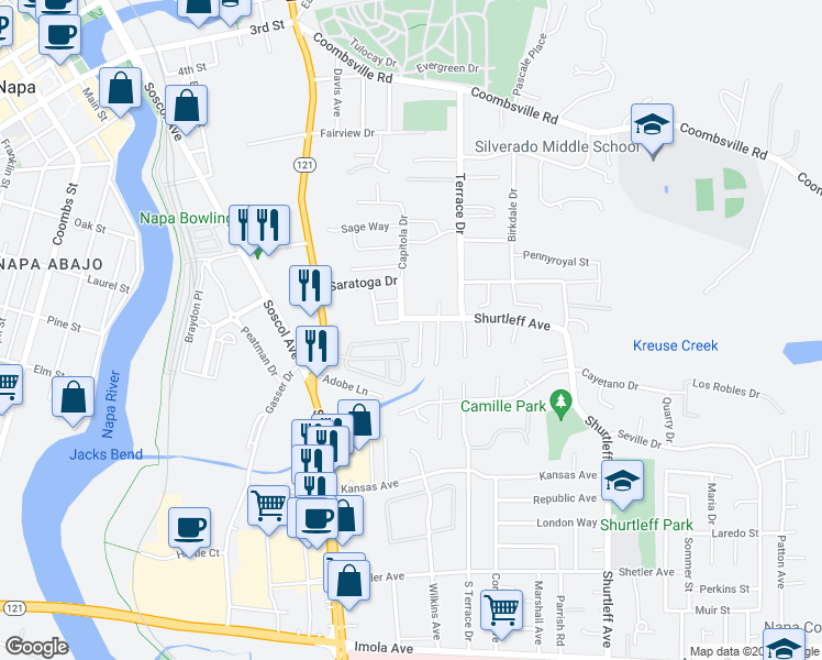 map of restaurants, bars, coffee shops, grocery stores, and more near 1131 Terrace Drive in Napa