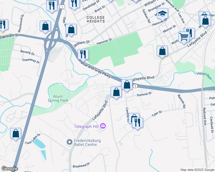 map of restaurants, bars, coffee shops, grocery stores, and more near 1028 Alum Spring Road in Fredericksburg