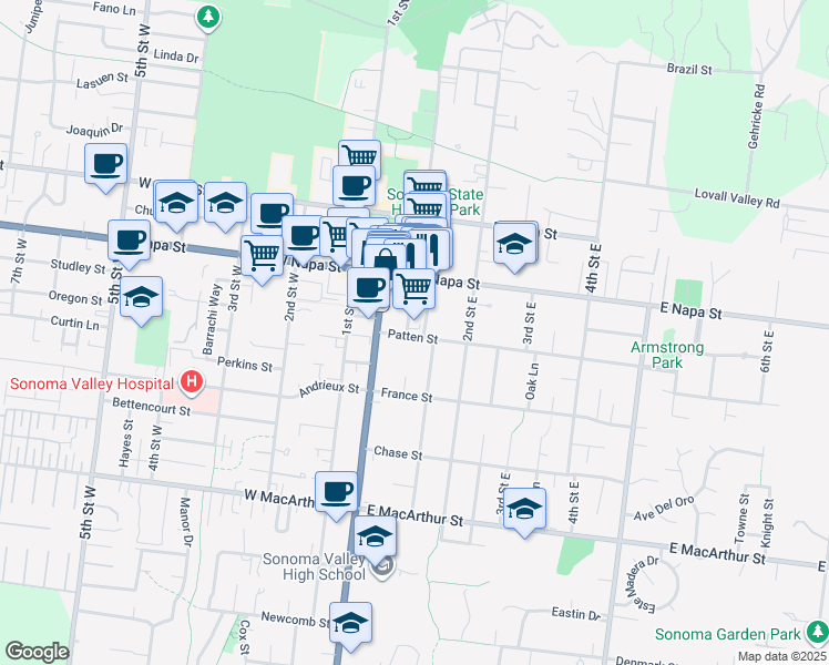 map of restaurants, bars, coffee shops, grocery stores, and more near 579 1st Street East in Sonoma