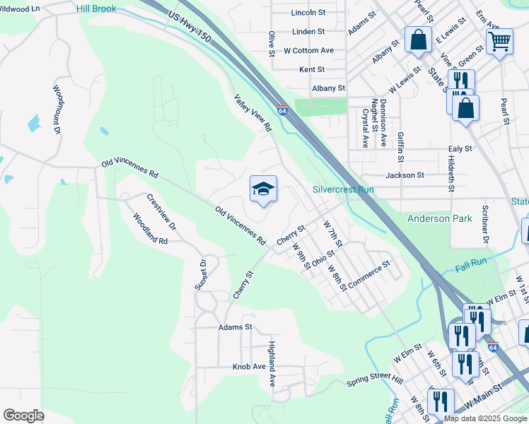 map of restaurants, bars, coffee shops, grocery stores, and more near 910 Old Vincennes Road in New Albany