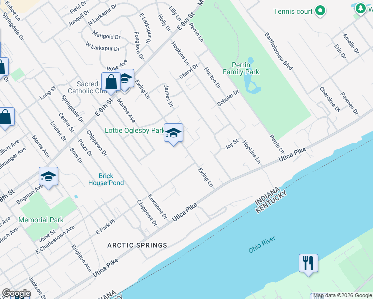 map of restaurants, bars, coffee shops, grocery stores, and more near 420 Ewing Lane in Jeffersonville