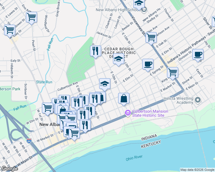 map of restaurants, bars, coffee shops, grocery stores, and more near 513 East 9th Street in New Albany