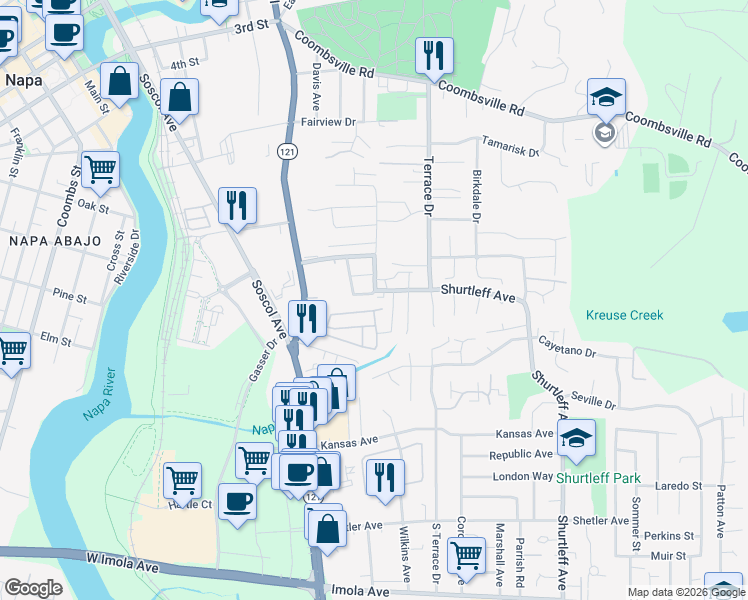 map of restaurants, bars, coffee shops, grocery stores, and more near 889 Erin Way in Napa