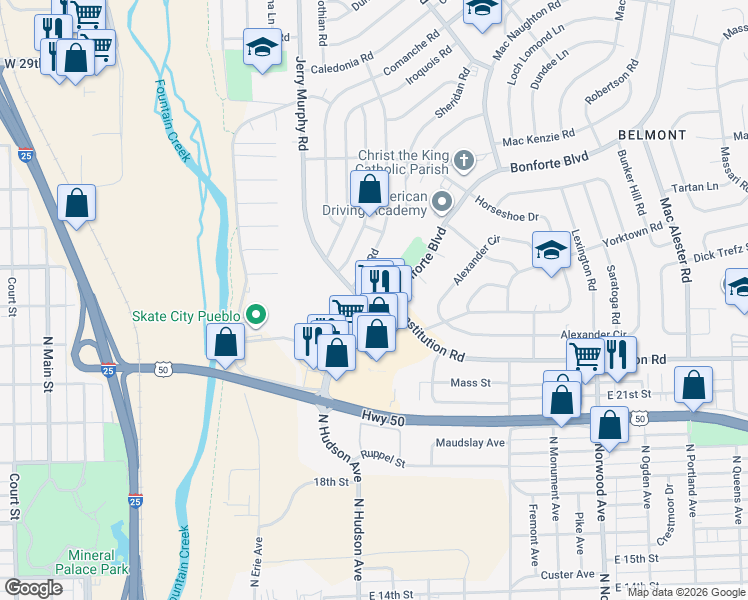 map of restaurants, bars, coffee shops, grocery stores, and more near 1300 Jerry Murphy Road in Pueblo