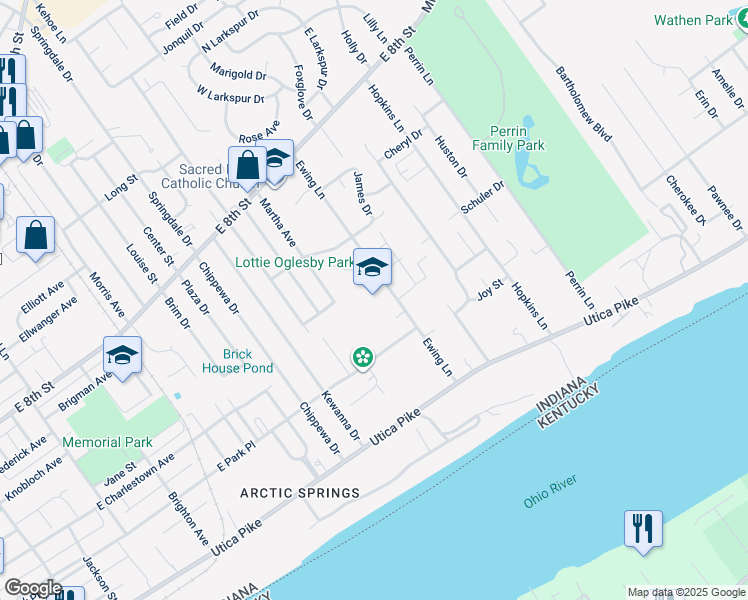 map of restaurants, bars, coffee shops, grocery stores, and more near 420 Ewing Lane in Jeffersonville