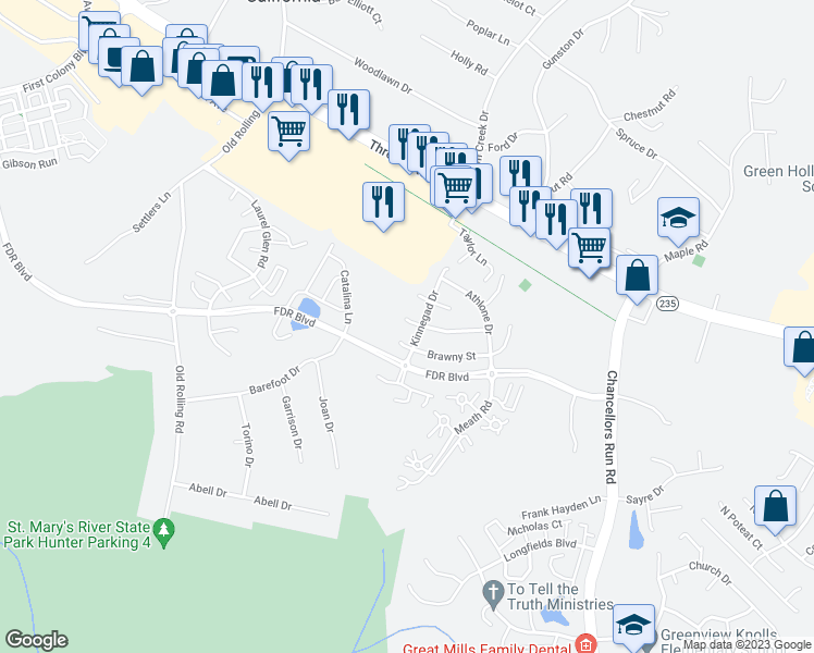 map of restaurants, bars, coffee shops, grocery stores, and more near 45493 Moycashel Place in Great Mills