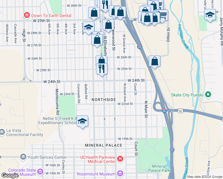 map of restaurants, bars, coffee shops, grocery stores, and more near 2307 North Greenwood Street in Pueblo
