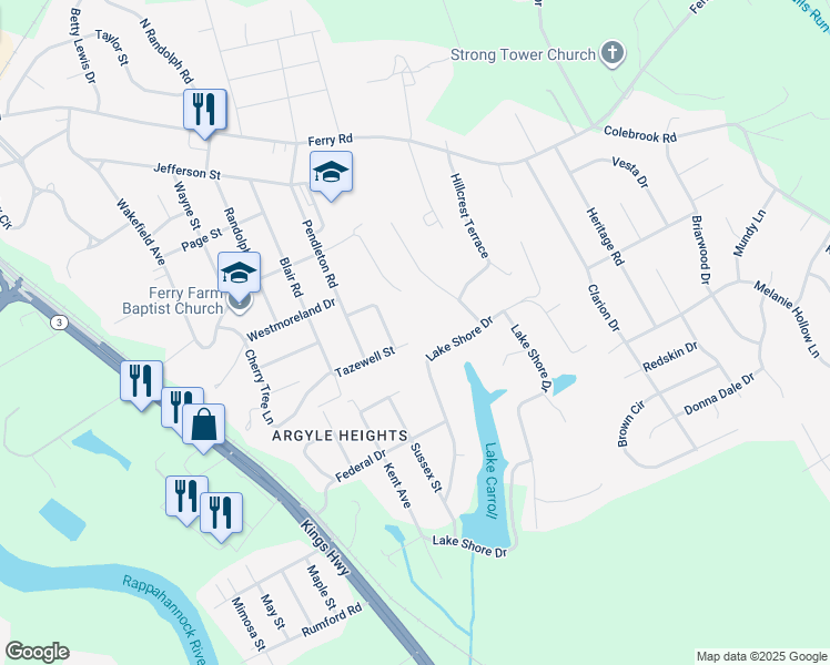 map of restaurants, bars, coffee shops, grocery stores, and more near 25 Tazewell Street in Fredericksburg