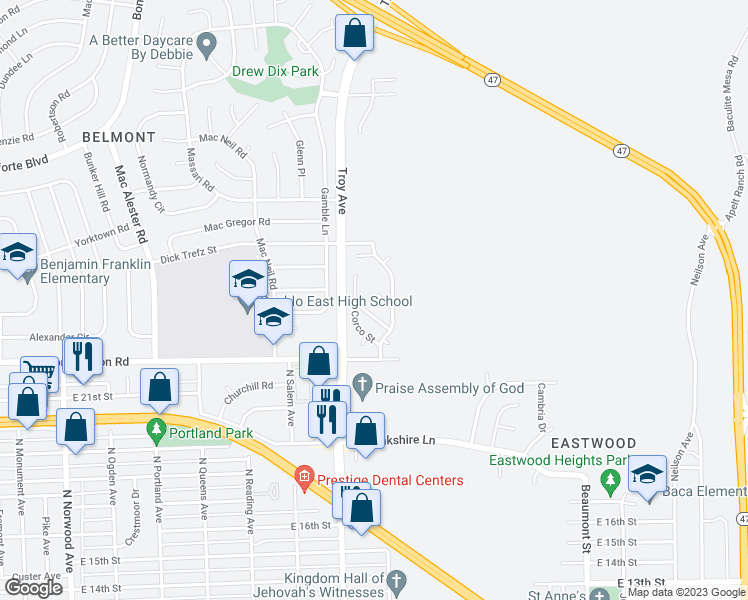 map of restaurants, bars, coffee shops, grocery stores, and more near 1901 Constitution Road in Pueblo