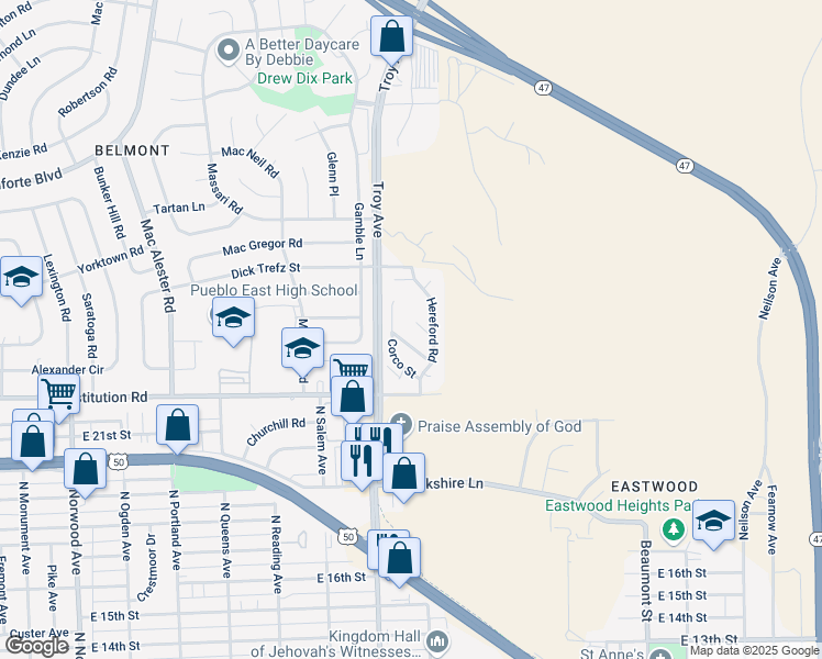map of restaurants, bars, coffee shops, grocery stores, and more near Corco Street in Pueblo