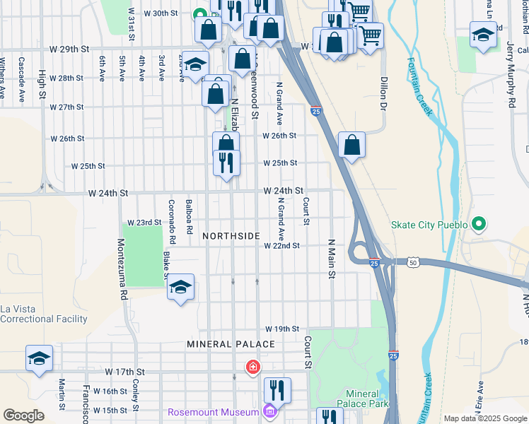 map of restaurants, bars, coffee shops, grocery stores, and more near 2318 North Greenwood Street in Pueblo