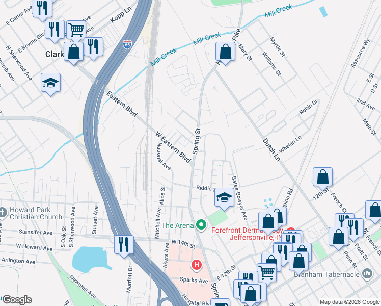 map of restaurants, bars, coffee shops, grocery stores, and more near 1811-1817 Spring St in Jeffersonville