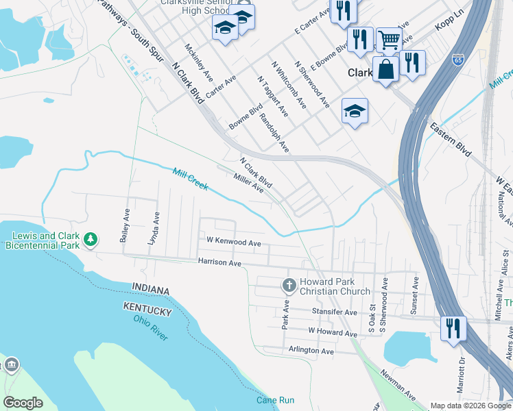 map of restaurants, bars, coffee shops, grocery stores, and more near 421 Miller Ave in Clarksville