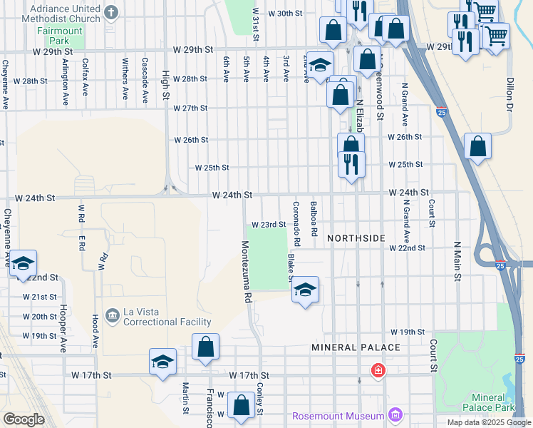 map of restaurants, bars, coffee shops, grocery stores, and more near 2312 De Soto Road in Pueblo