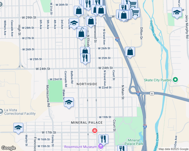 map of restaurants, bars, coffee shops, grocery stores, and more near 2307 North Greenwood Street in Pueblo