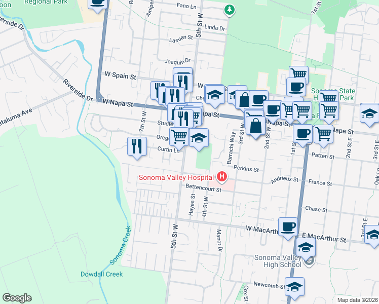 map of restaurants, bars, coffee shops, grocery stores, and more near 652 5th Street West in Sonoma