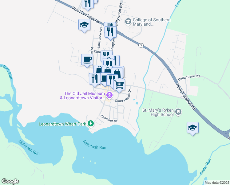 map of restaurants, bars, coffee shops, grocery stores, and more near 41660 Park Avenue in Leonardtown