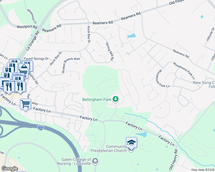 map of restaurants, bars, coffee shops, grocery stores, and more near 14032 Spring Mill Rd in Louisville